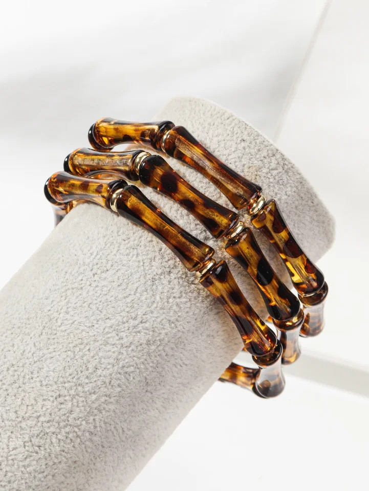 3 pc Leopard Acrylic Bamboo Beaded Bracelet Women Retro Thin Tube Stack Jewelry