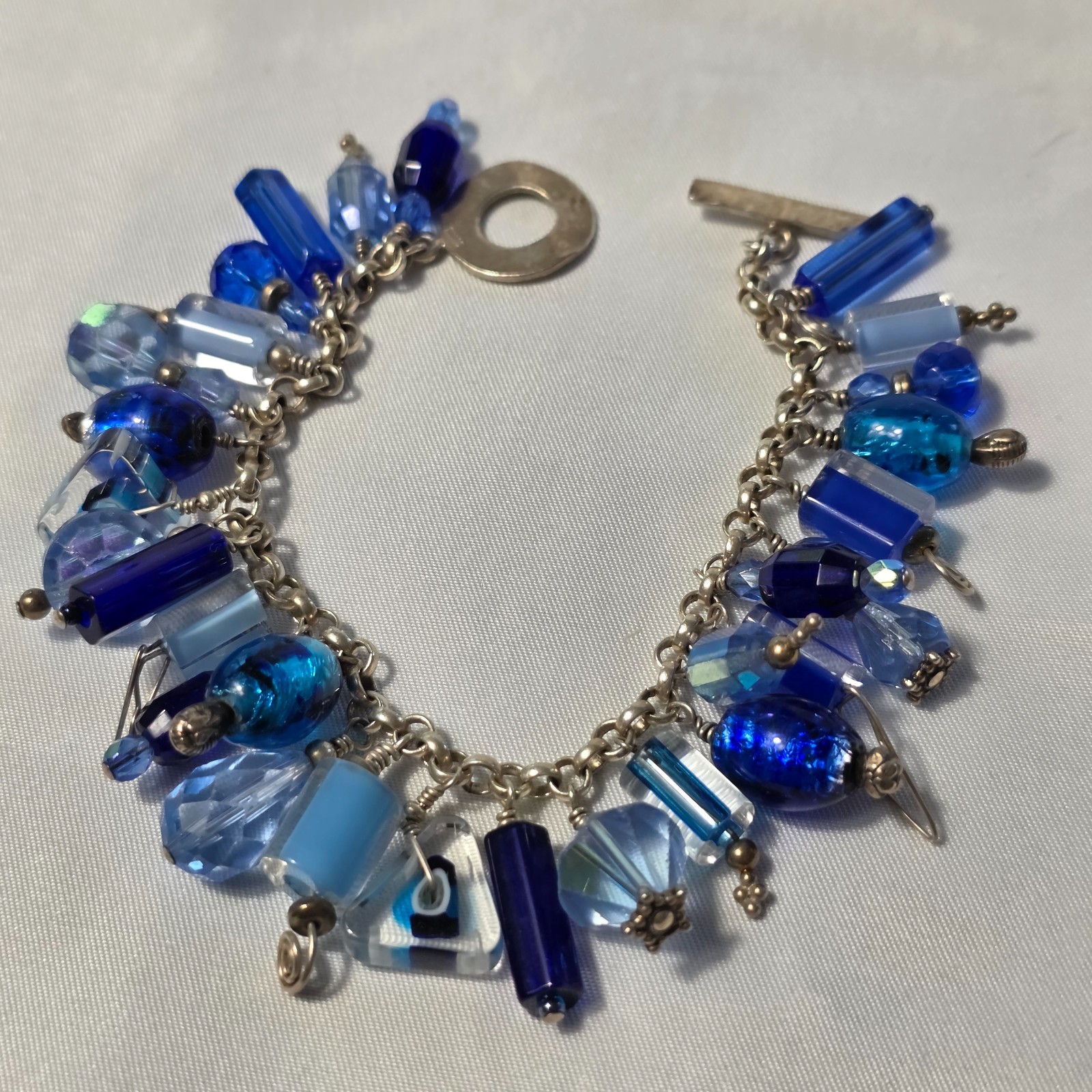 925 Sterling Silver Beaded Dangle Bracelet Cobalt Blue & Light Blue Glass Beads