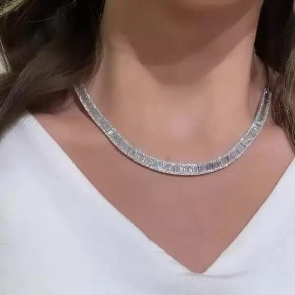 40 Ctw Created Emerald & Round Cut Diamond 14k WhGold Plated Tennis Necklace 18”