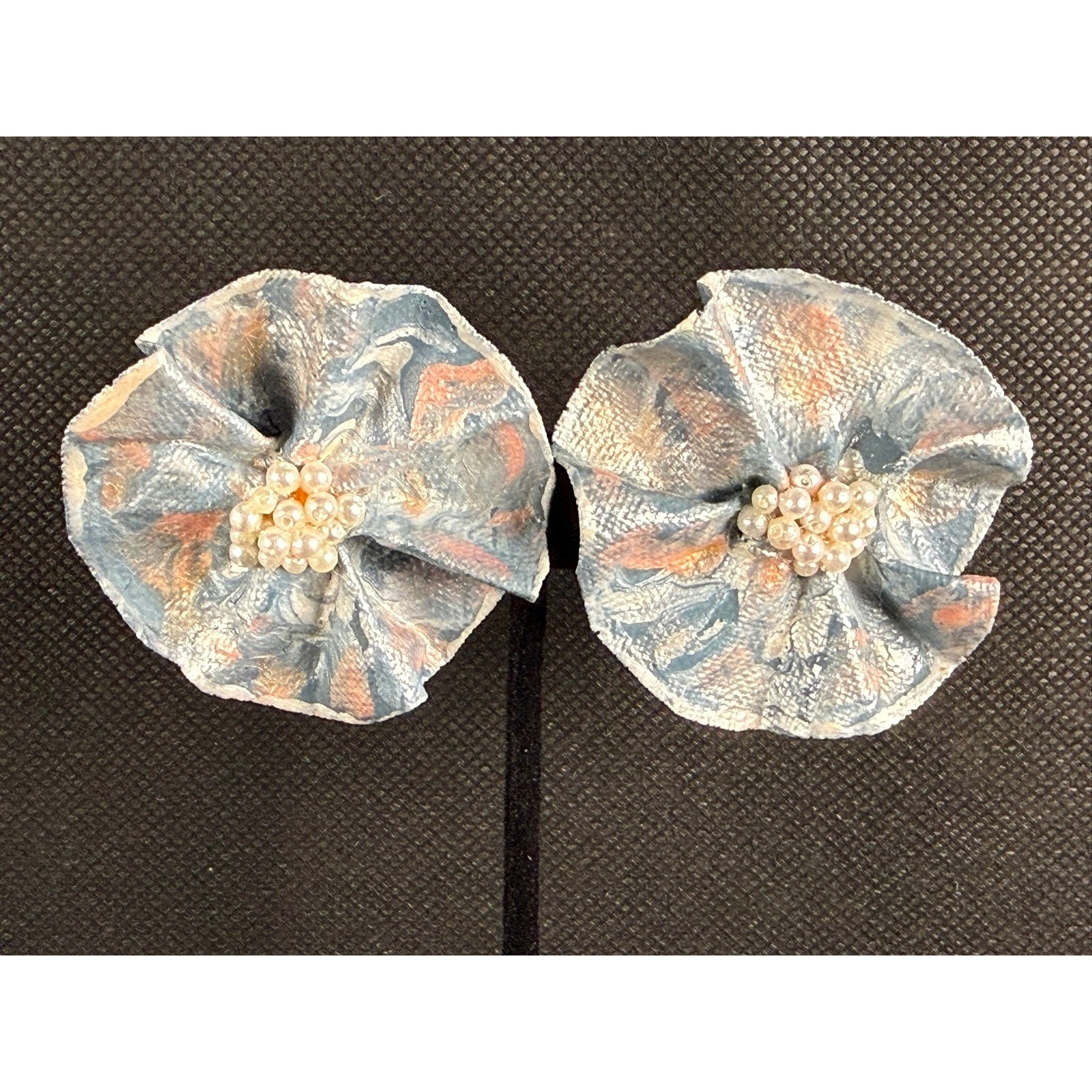 Handmade Paper Maché Clip‑On Earrings – Fabric Floral & Pearl Center