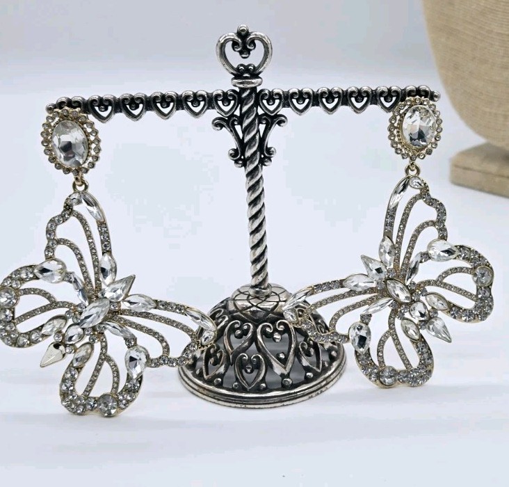 Butterfly Chandelier Earrings Crystal Pierced Gold Tone Dangling Bridal 3.75 in