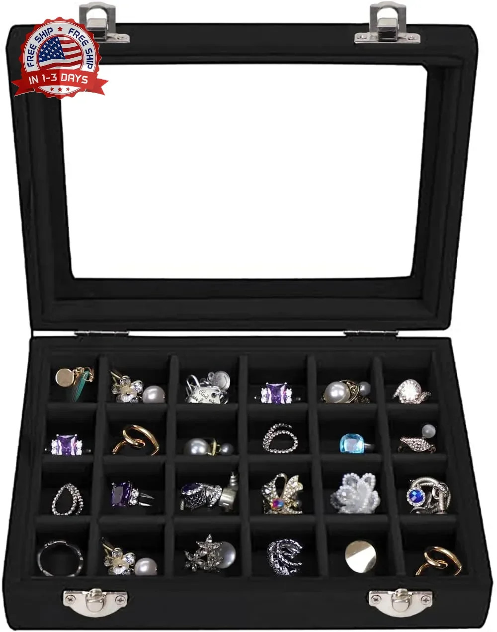 Velvet Jewelry Box 24 Grid Jewelry Earrings Display Organiser Box Ring Tray Hold