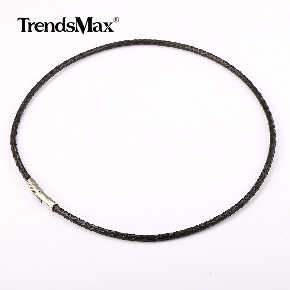 4MM 16″-30″ Black Braided Leather Rope Necklace Choker Stainless Steel Push Lock