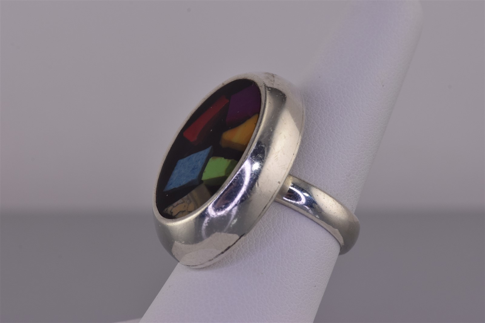 ATI Sterling Silver 30mm Oval Imbedded Mix Gemstone Band Ring 15g Mex 925 Sz: 8
