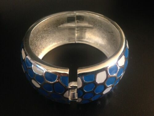 NEW RETRO Enameled Blue, White & Silver tone Bangle Bracelets 1.25″ wide – FUNKY