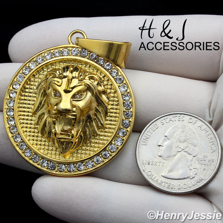 18-40″MEN Stainless Steel 6mm Gold Plated Cuban Curb CZ Lion Head Pendant*GP109