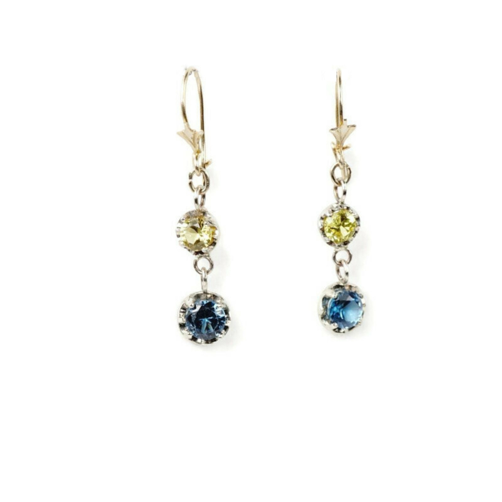 14K Solid Gold Colorful Yellow Blue Lab Spinel Gem Dangling Earrings, Ear Wire