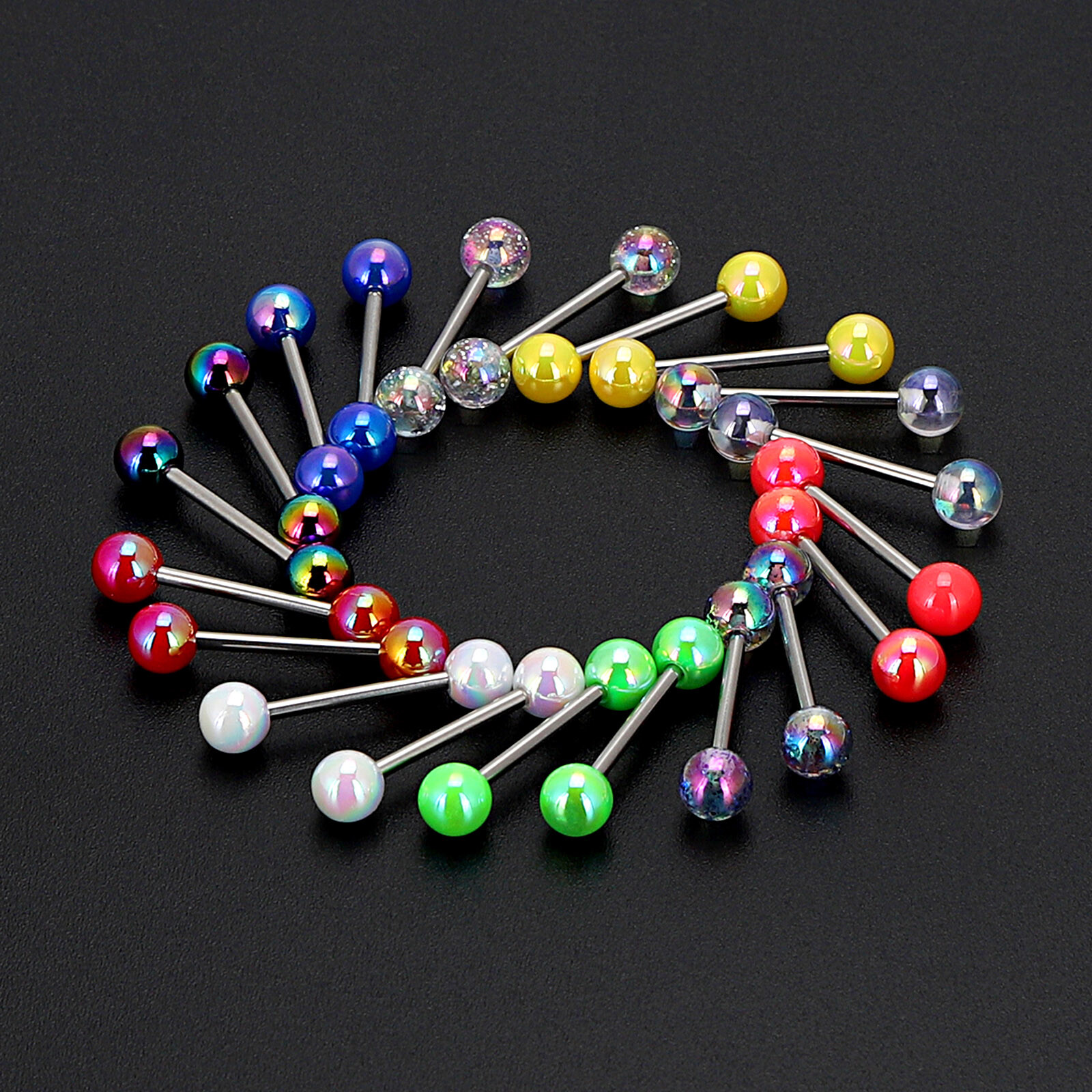 2pcs Colorful Ball Tongue Rings 316L Stainless Steel Barbell Nipple Ring 14G Bar