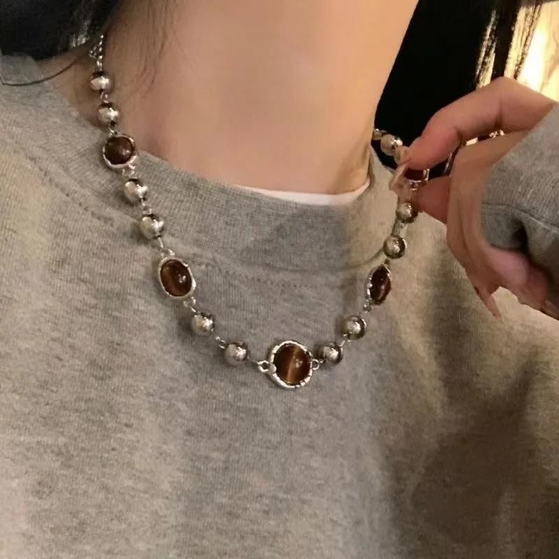 Vintage Brown Stone Pendant Necklace, Leather Choker, Retro Hip Hop Jewelry