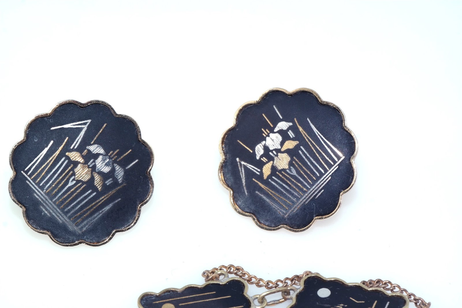 Vtg Japanese Damascene Shakudo Panel Bracelet plus Earrings
