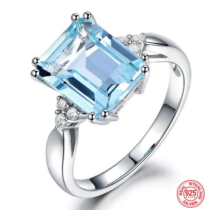 Natural Aquamarine Ring 925 Sterling Silver Turquoise Women Jewelry Size 6-10