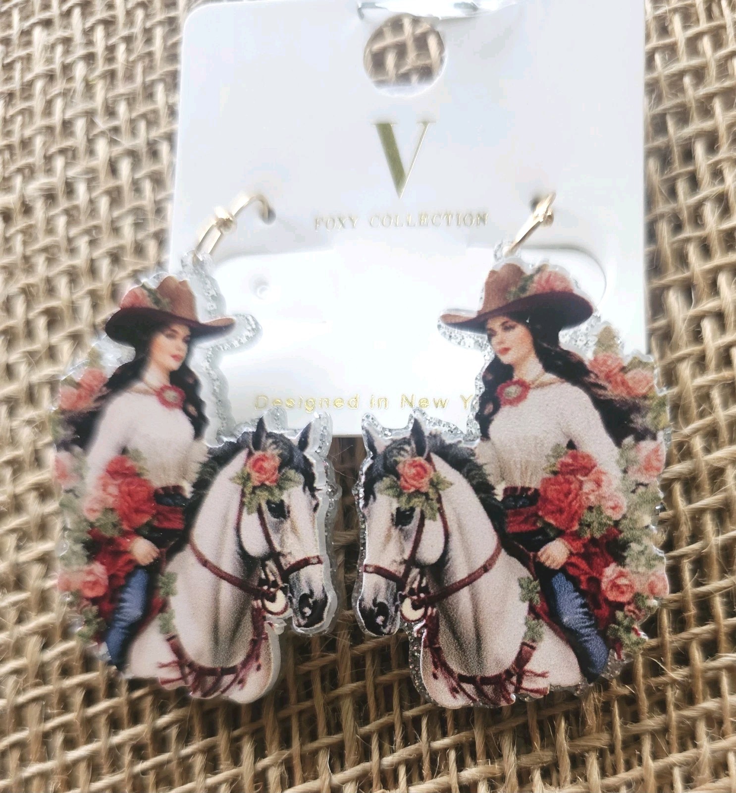 Foxy Collection Acrylic Dangle Cowgirl On Horse Earrings 2.25″ Floral Silver Gli