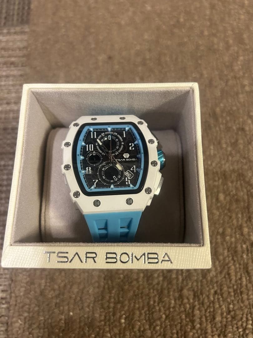 TSAR BOMBA Skeleton Qurtz Watch Blue White Luxury Tonneau Mechanical Men