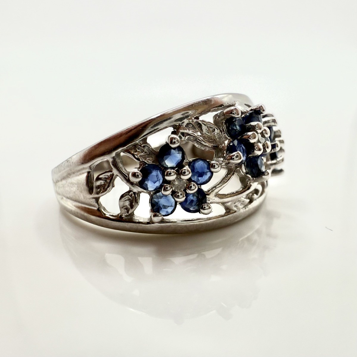 10K White Gold Sapphire & Moissanite Triple Flower Ring Size 7 (ML1083660)