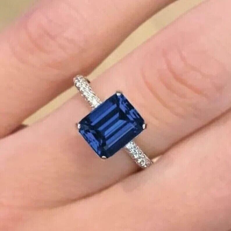 14k White Gold Plated 2Ct Emerald Cut Lab Created Blue Sapphire Engagement Ring