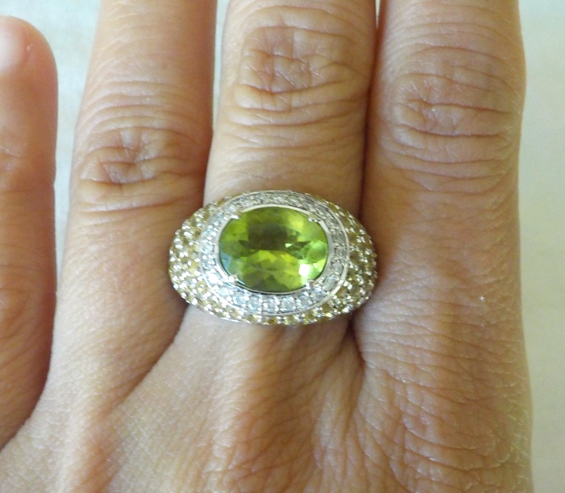 Heavy 18K White Gold Peridot Sapphire Diamond Ring – 12.6 gms, Sz 5.75, 4.90 ctw