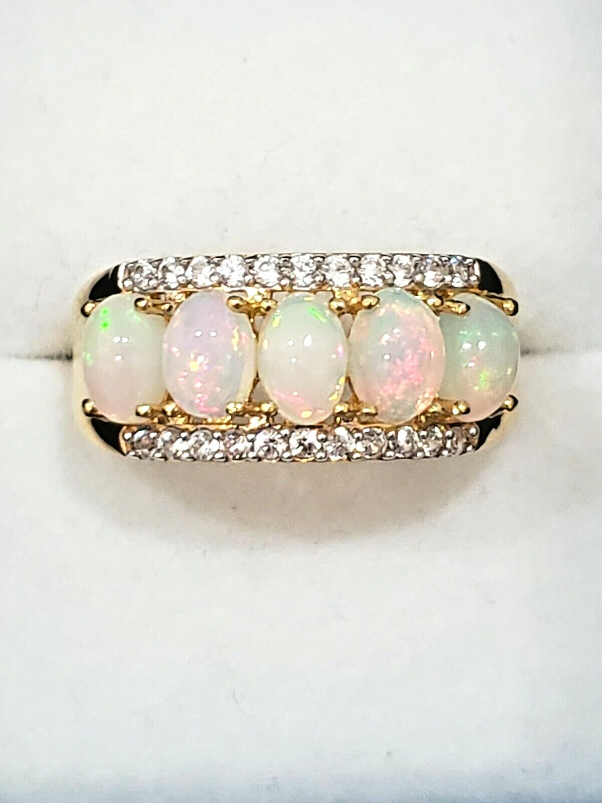 Ethiopian Welo Opal & White Zircon band ring in 14K YG over 925 SS 1.90 cts sz 8