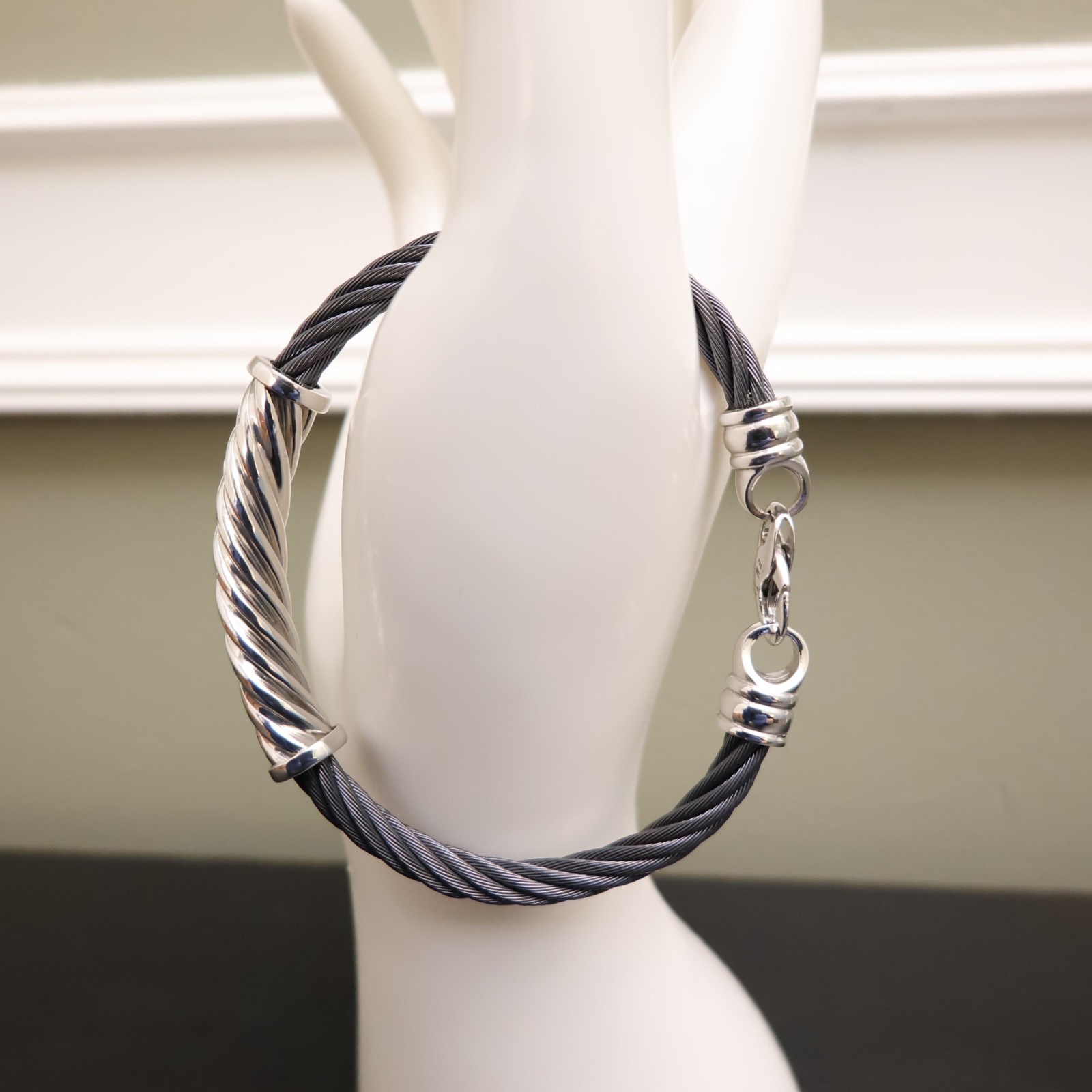 Edward Mirell bracelet titanium cable 925 sterling silver swirl and clasp 6.75in