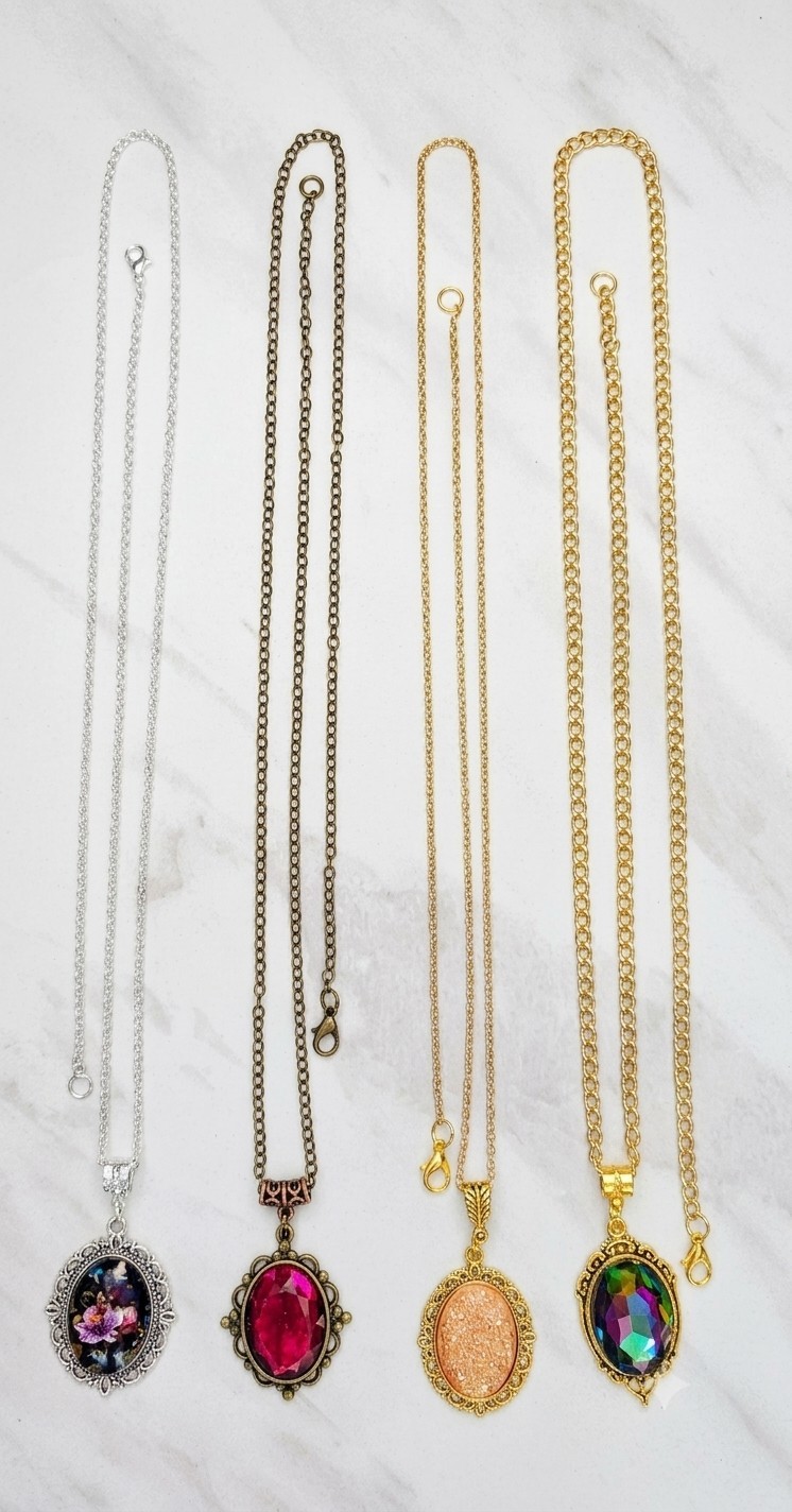 Set of 4 Long Pendant Necklaces 28″ Oval Crystal Floral Vintage Style Lot New