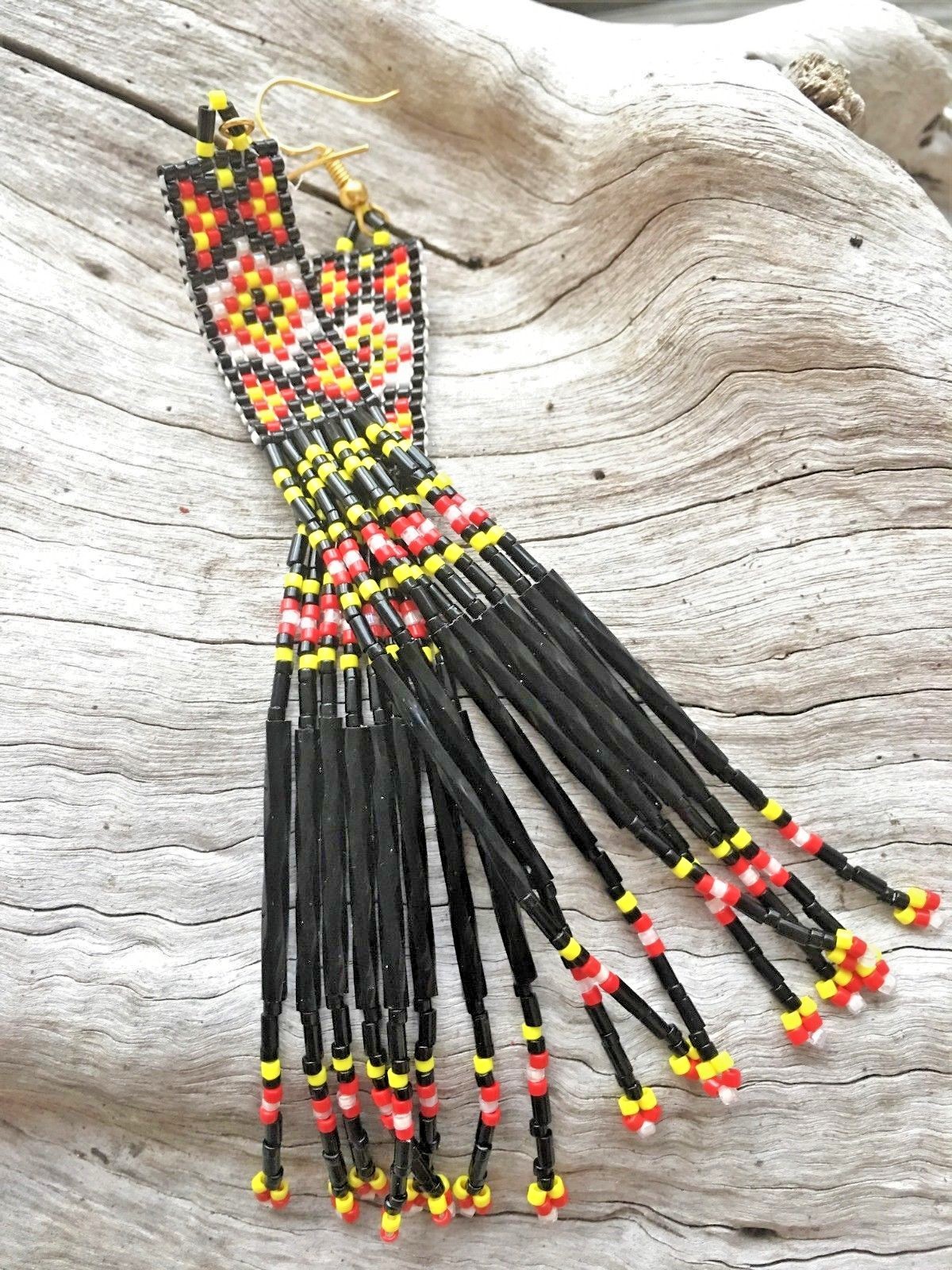 Long Native Style Boho Black Yellow Red Shoulder Duster Beaded Fringe Earrings