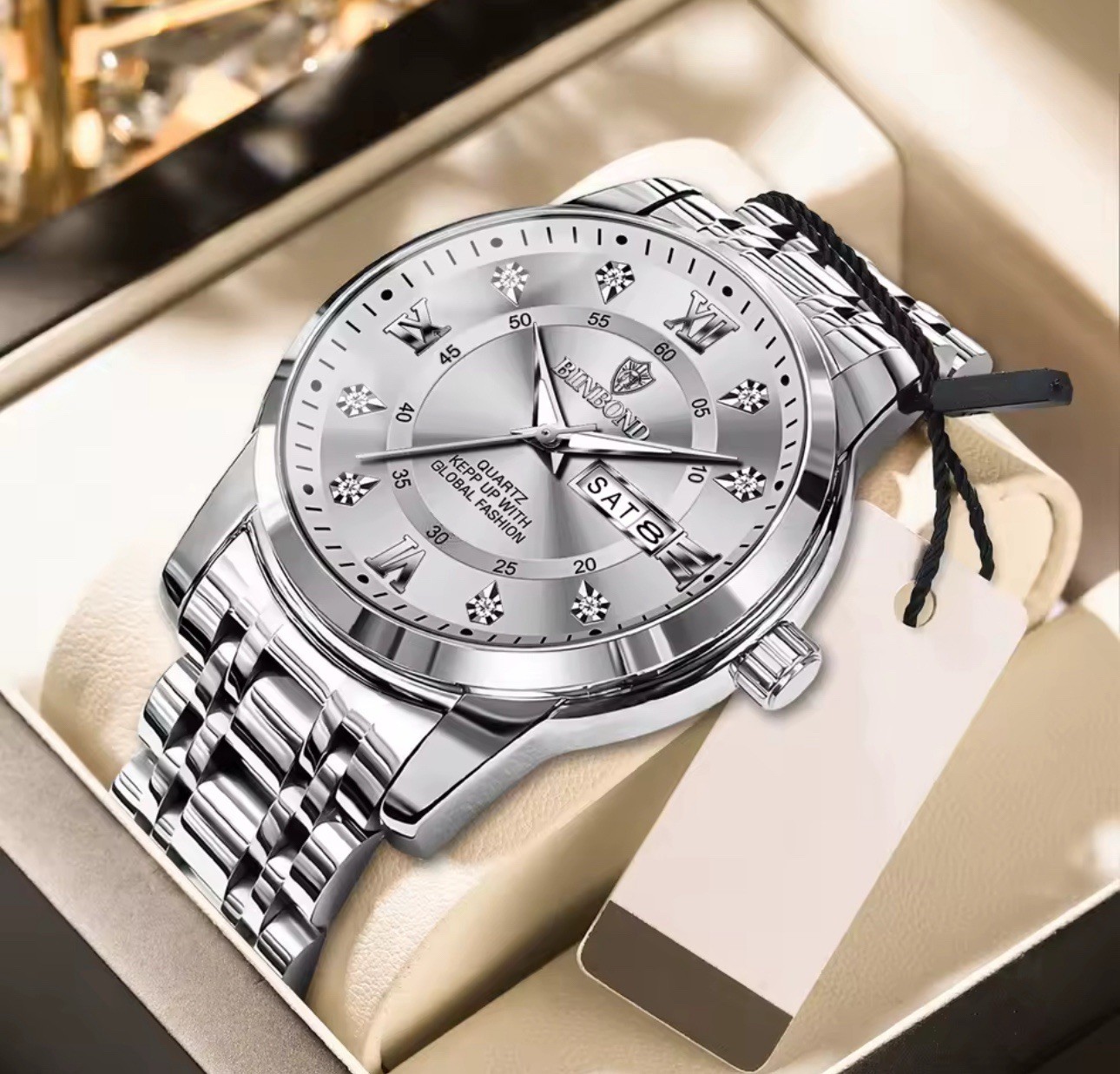 BINBOND Men’s Quartz Dress Watch Multi Dial Day/Date Stainless Steel Roman