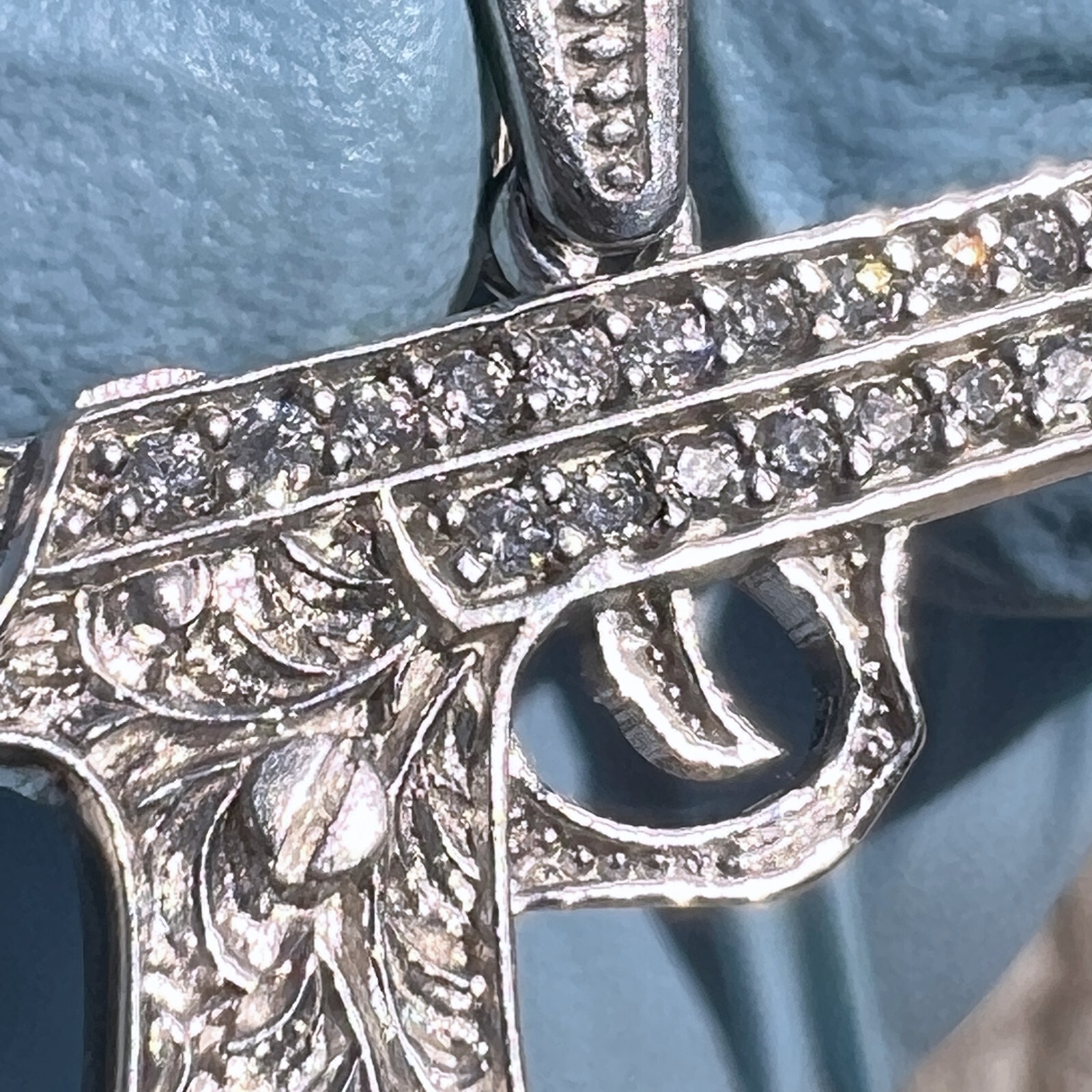 Real Solid 925 Sterling Silver Gun Pistol Scrollwork Engraving Iced CZ Pendant