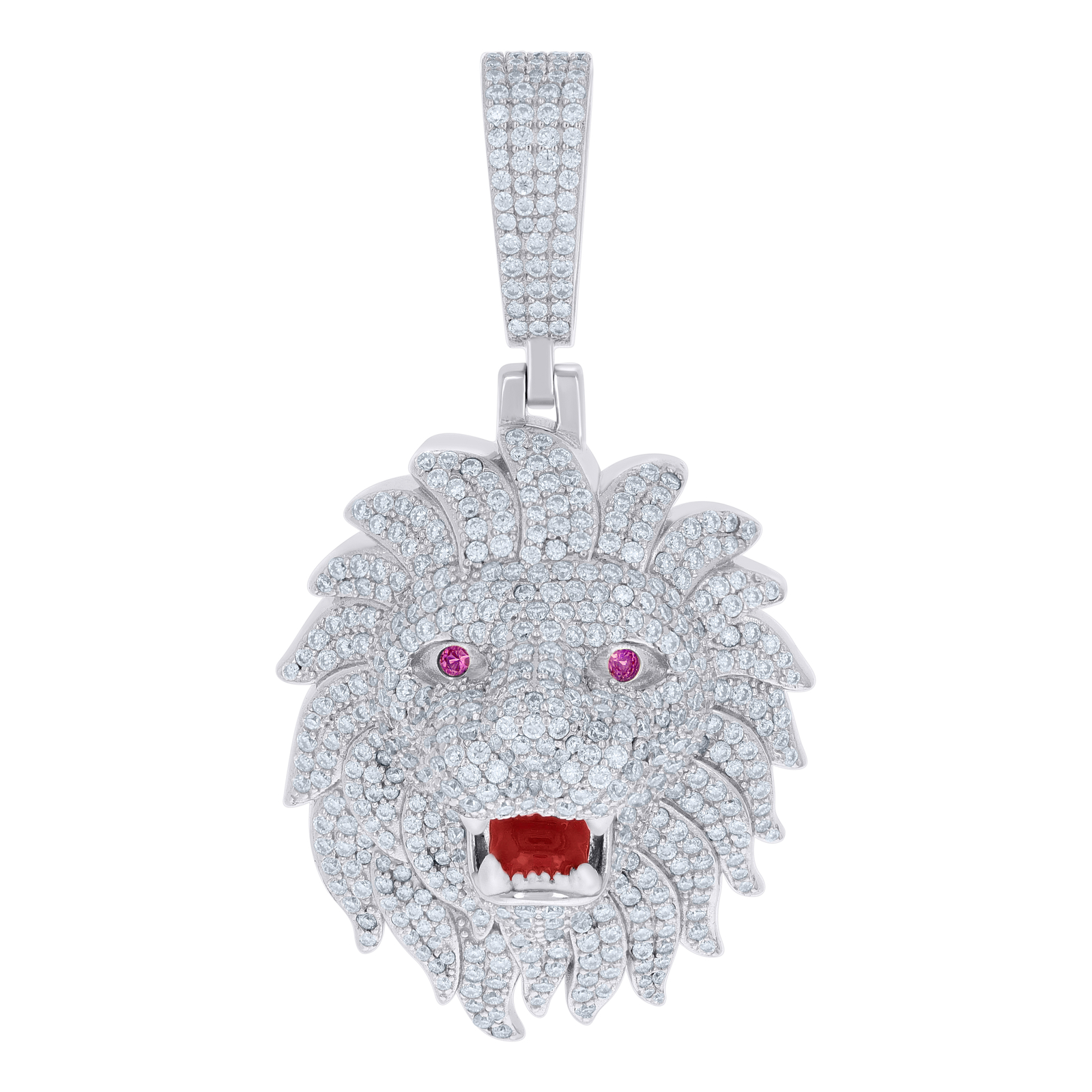 925 Sterling Silver Pink Moissanite Red Enamel Iced Out Lion Pendant | 7.69 Ct.