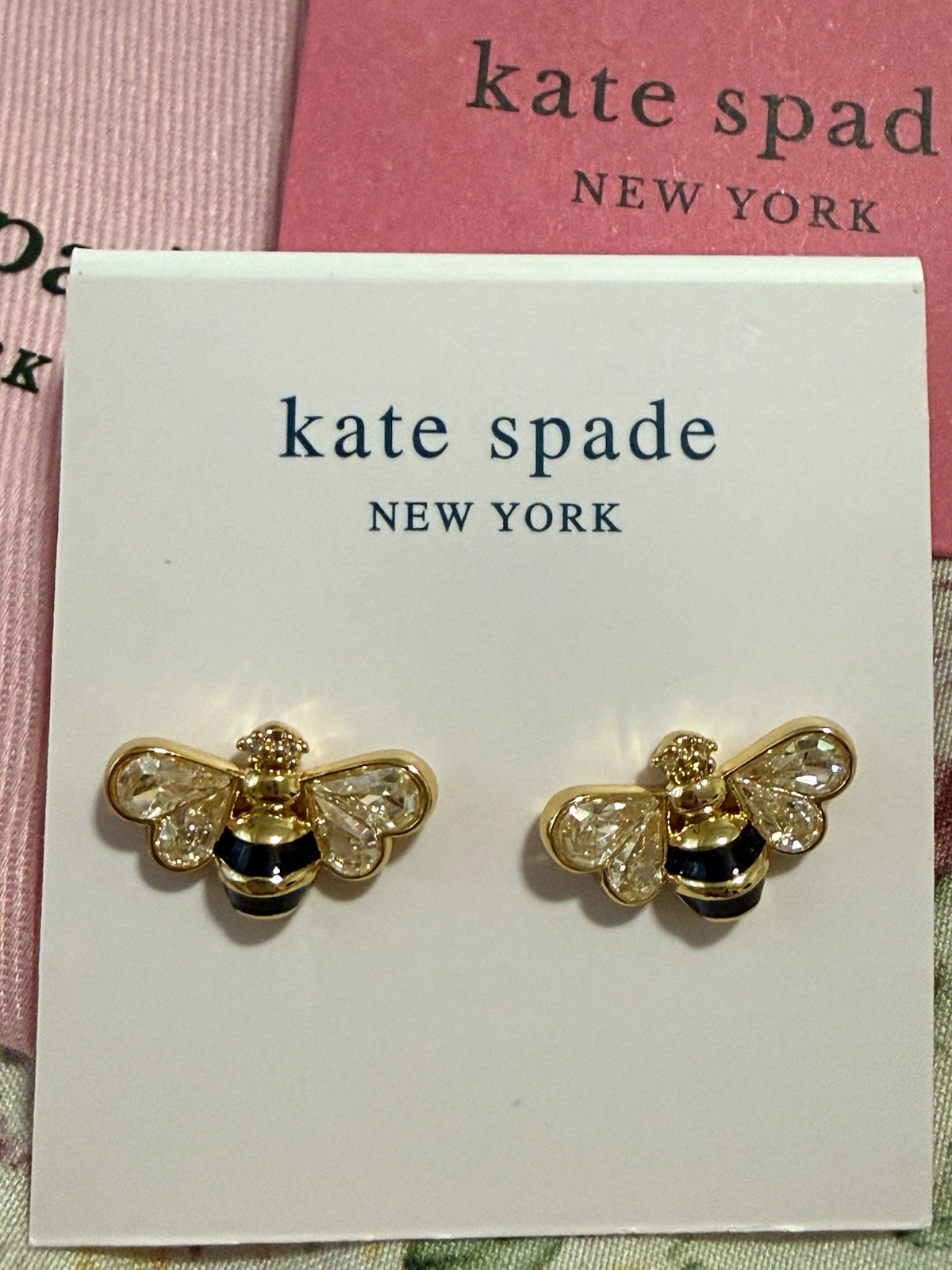 Kate Spade New York Bee Clear Crystal Stud Earrings Gold Tone Butterfly Back