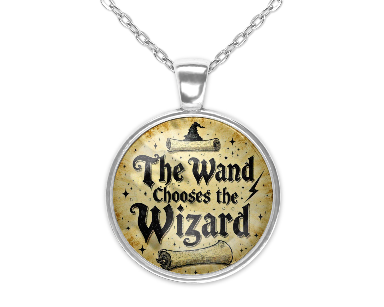 Wand Chooses the Wizard Retro Art Silver Jewelry Necklace Keychain Brooch Pin