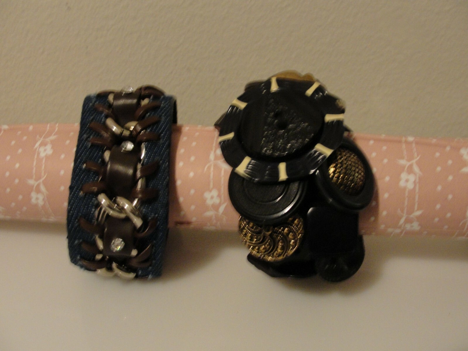 Unique black button bracelet & denim/faux leather bracelet textile fabric