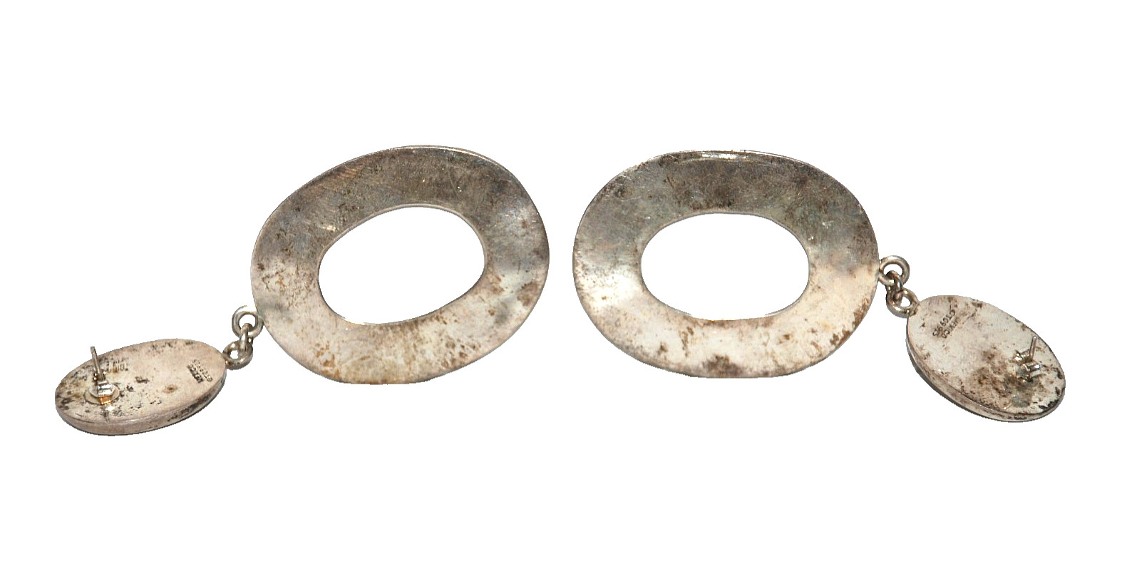 .925 Sterling Silver Modernist Oval Drop Dangle Earrings CT09 Mexico 1950s 3.25″