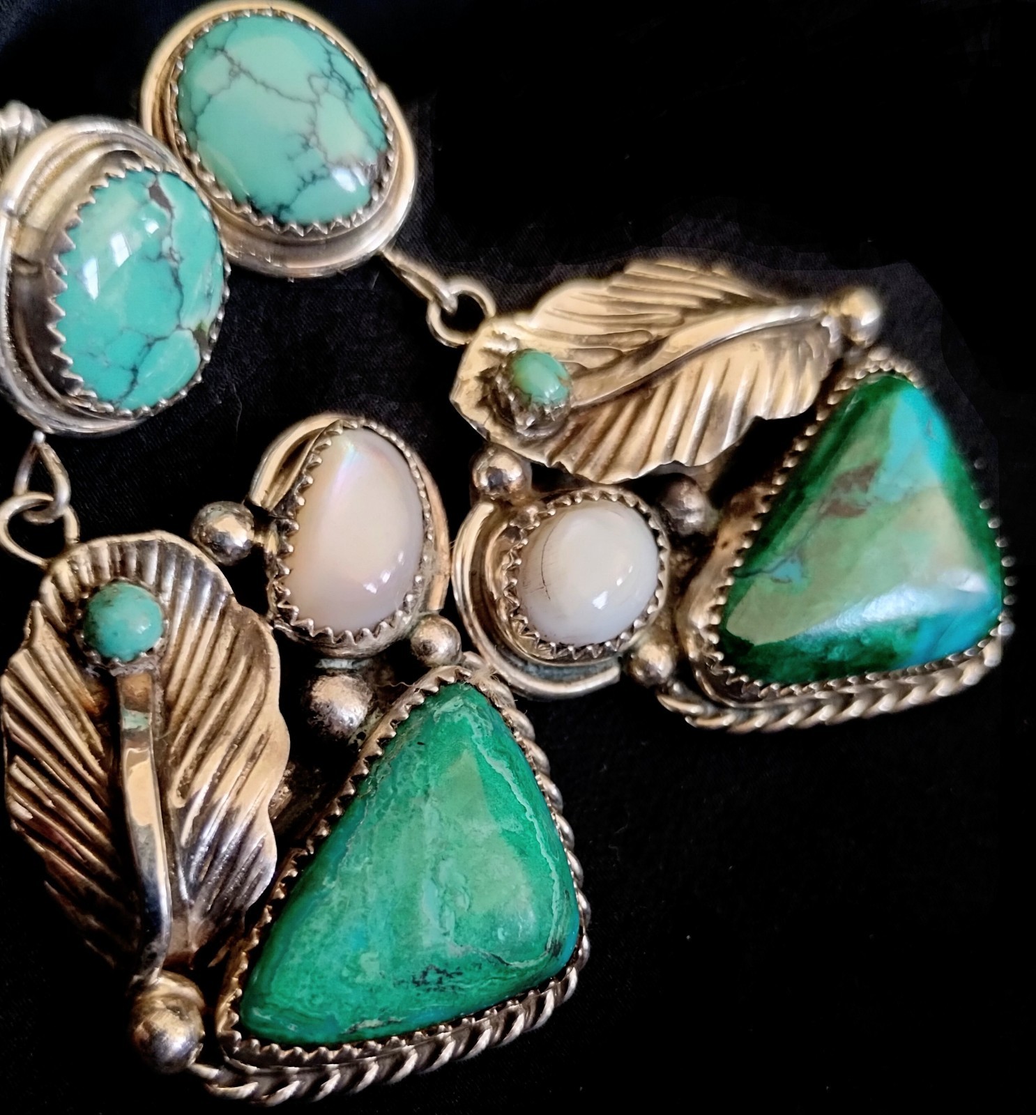 NAVAJO TURQUOISE DANGLING EARRINGS 2.5″ Long /Sumptuous Rich Unique/Touch Of MOP