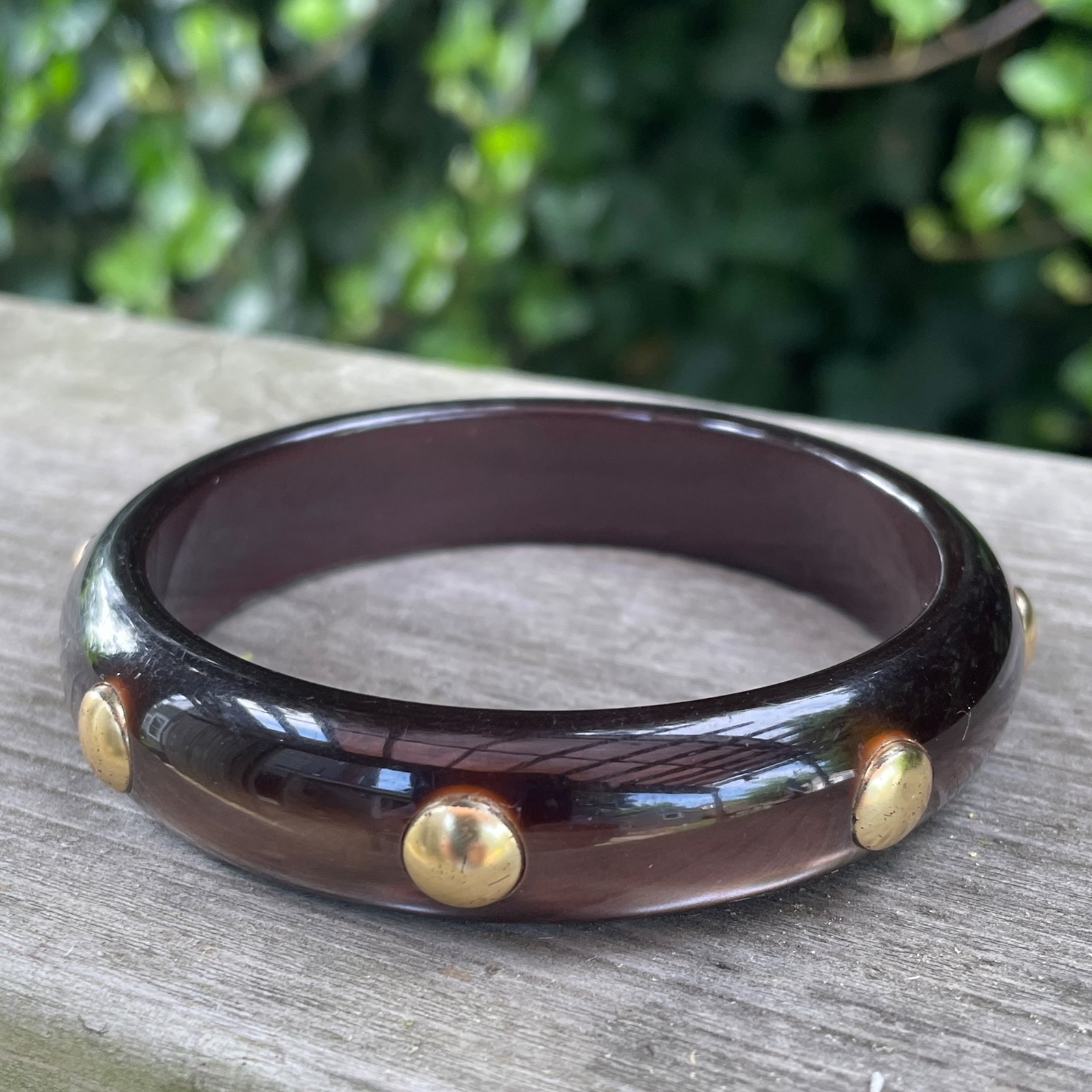 2.6” Luminous Brown Semi Transparent w Brass Studs Bangle Bracelet