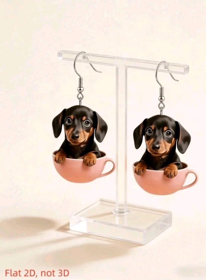 Acrylic Dachshund in Teacup Dangle Drop Earrings Hook No Stone Lightweight
