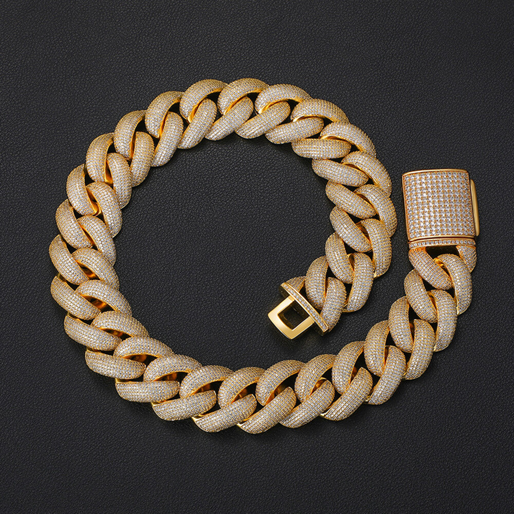 25mm Hip Hop Bubble Cuban Link Chain White CZ Stone 18K Real Gold Plated Jewelry