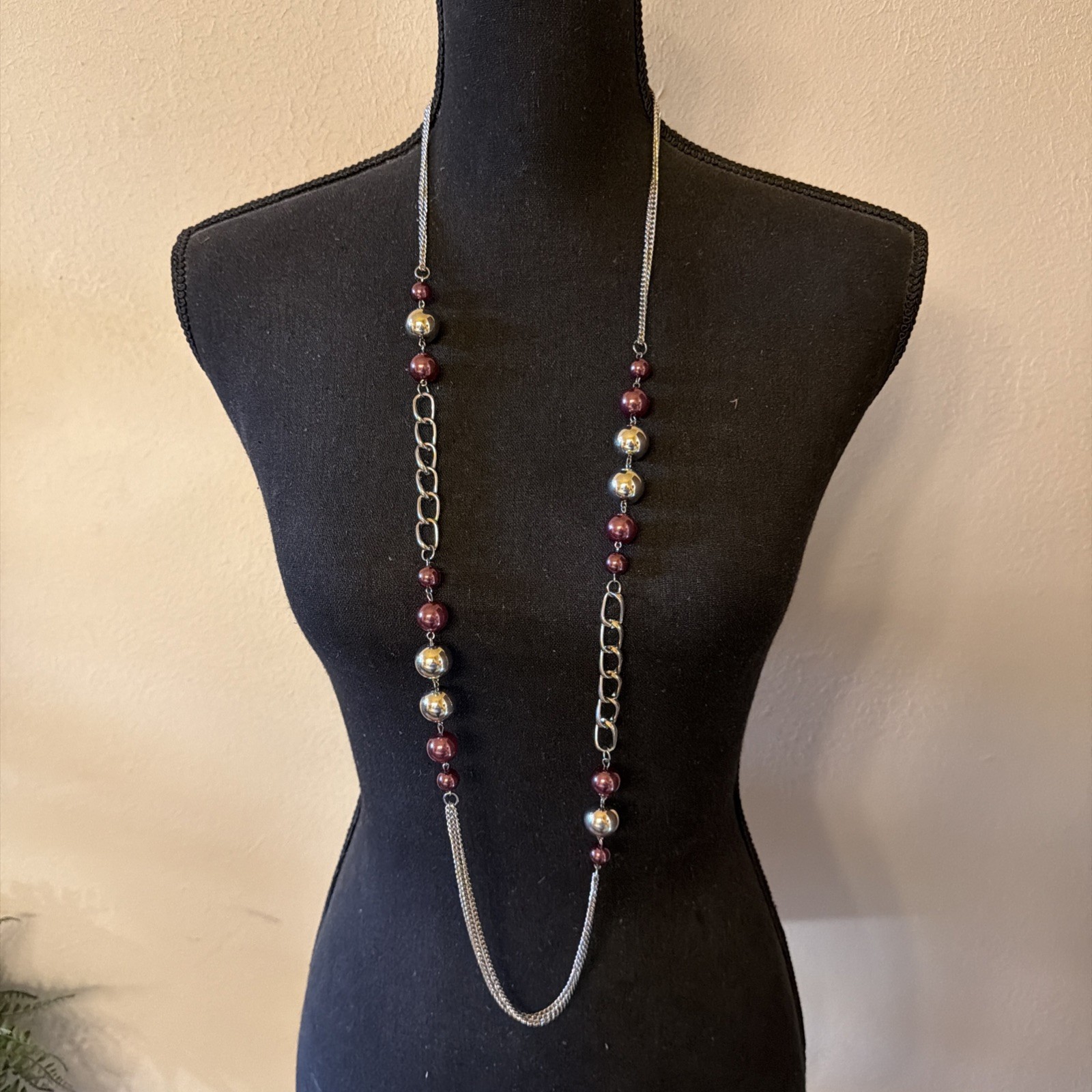 Long Fashion Necklace. Alternating Plum – Silver Tone Balls – Silver Tone Chain