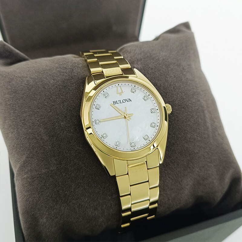 Bulova Surveyor Diamonds Gold Bracelet White Dial Women 97P172 Quartz Watch 31mm
