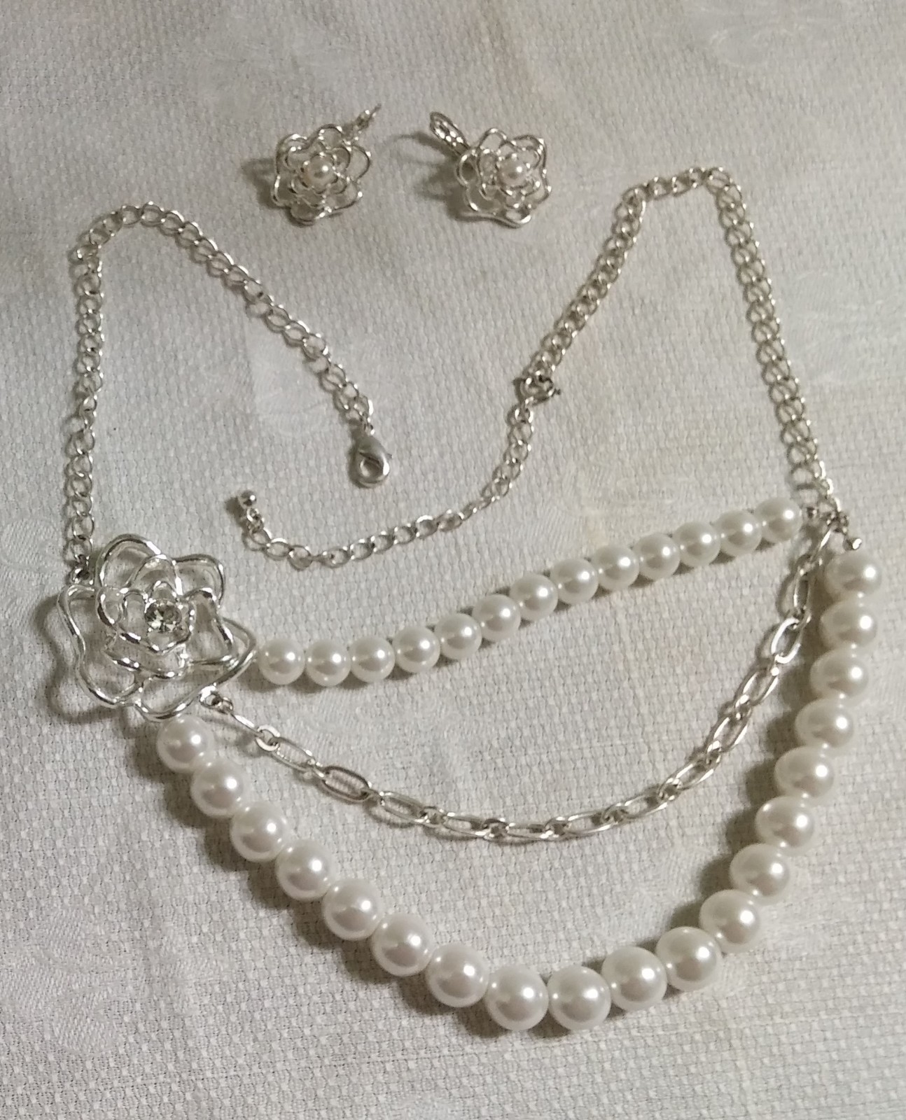 Vintage Silvertone Metal Faux Pearl 20″ Tiered Necklace & Wire Pierced Earrings