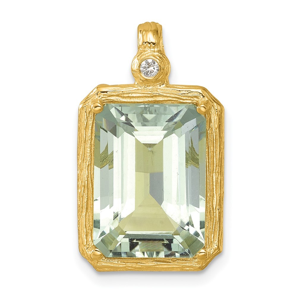14K Yellow Gold Polished and Textured Diamond and Green Quartz Pendant 3.14g