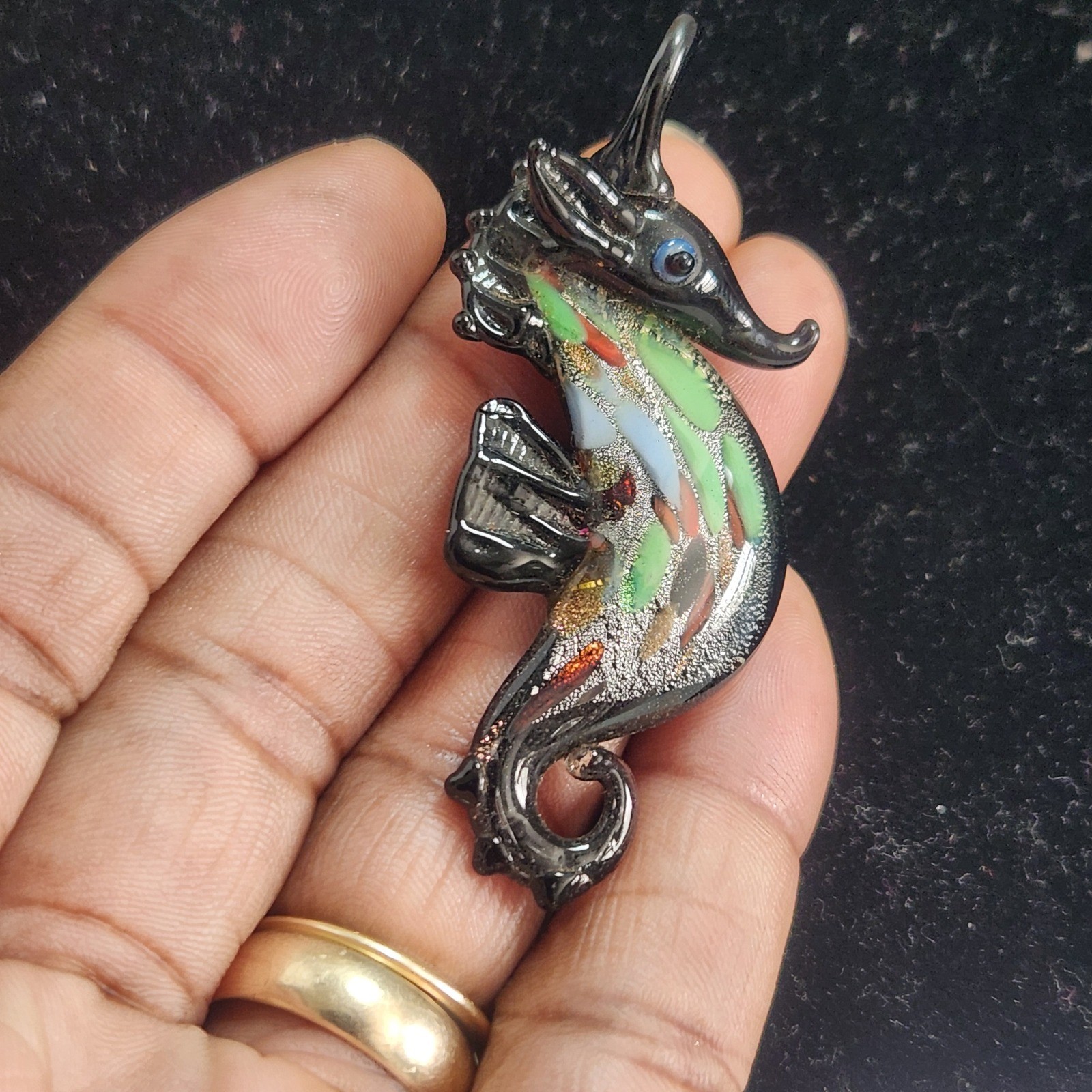 Handblown Lampwork Glass Seahorse Pendant Black Multi Color Dichroic Art Glass