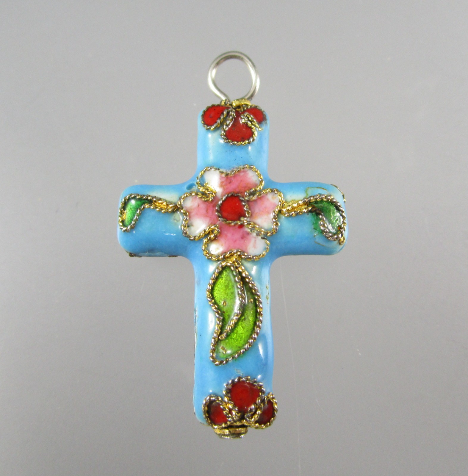 Vintage Cloisonne Blue Red Green Floral Enamel CROSS Pendant for Necklace 1046