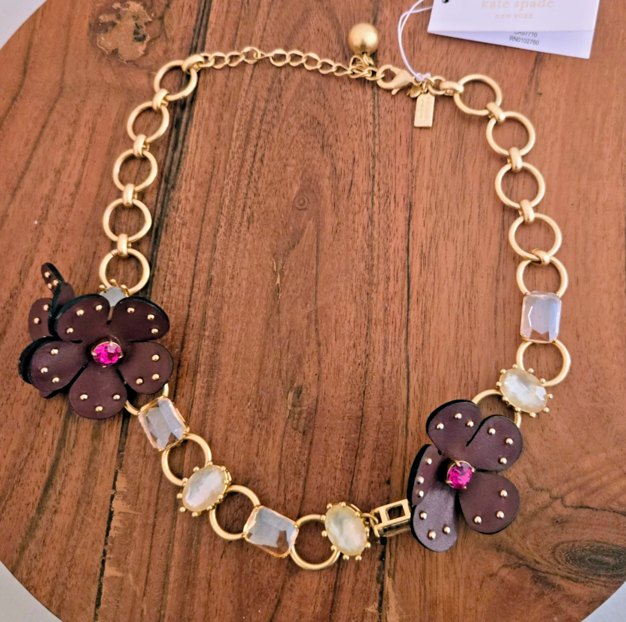 NWT Kate Spade BLOOMING BLING 12K Gold Plated Stone/Leather Flower Necklace-$128