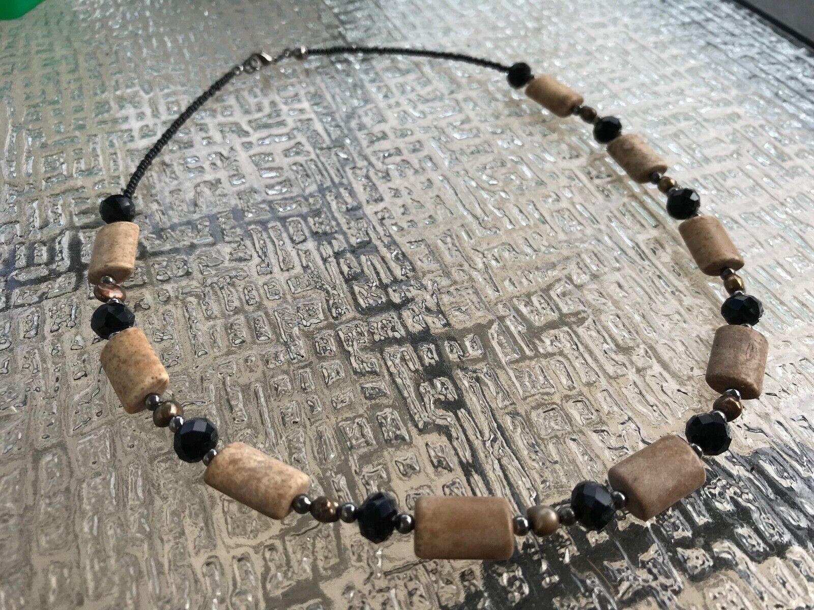 Handmade Necklace Brown Magnesite, Olive Green Freshwater Pearls and Black Glass
