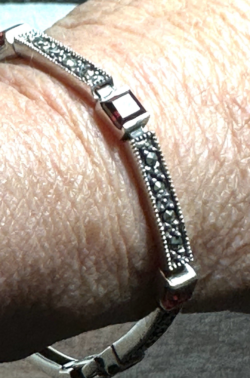 Vintage Sterling Silver Marcasite & Garnet/Ruby Bracelet 7″