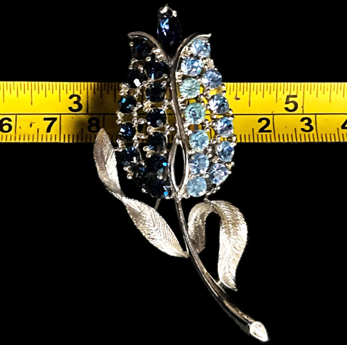 Vintage Lisner Tulip Brooch – Blue Rhinestones Silver‑Tone Signed Post‑1955