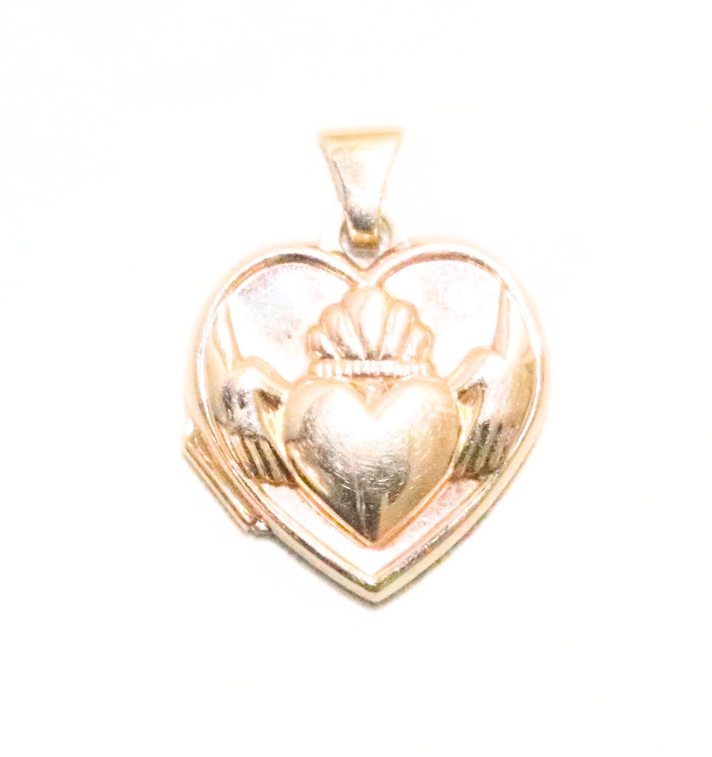 14K Gold Claddagh Heart Shaped Locket Pendant
