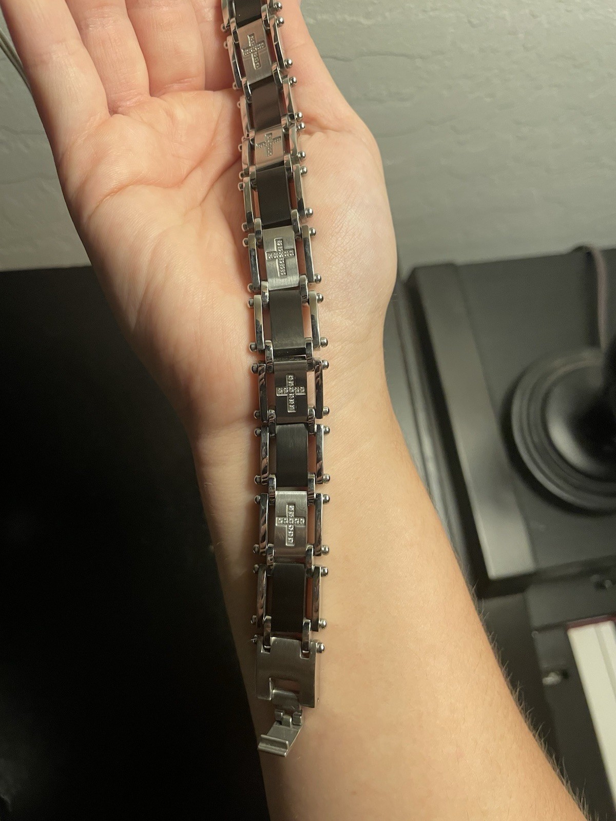 Stainless Steel Black & Silver Bar Link Chain Bracelet Fold Over Clasp