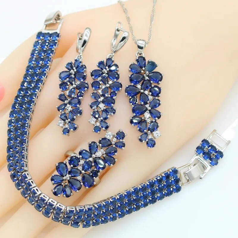 925 Silver CZ Blue Sapphire Ring Earrings Bracelet Pendant Necklace Set