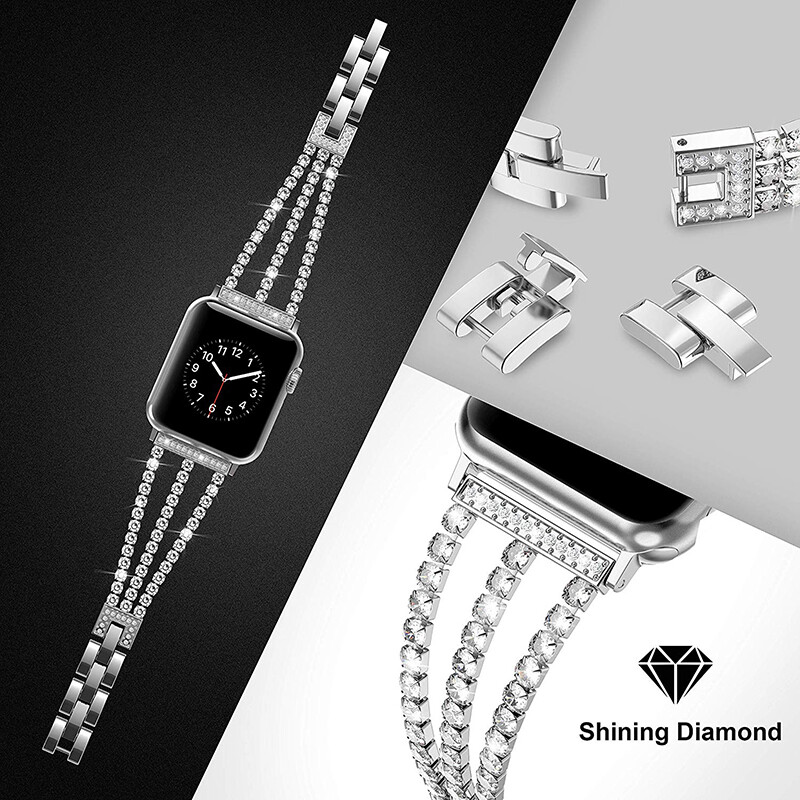 For Apple Watch Ultra 9 8 7 6 5 4 SE Bling Rhinestones Steel Band Bracelet Strap