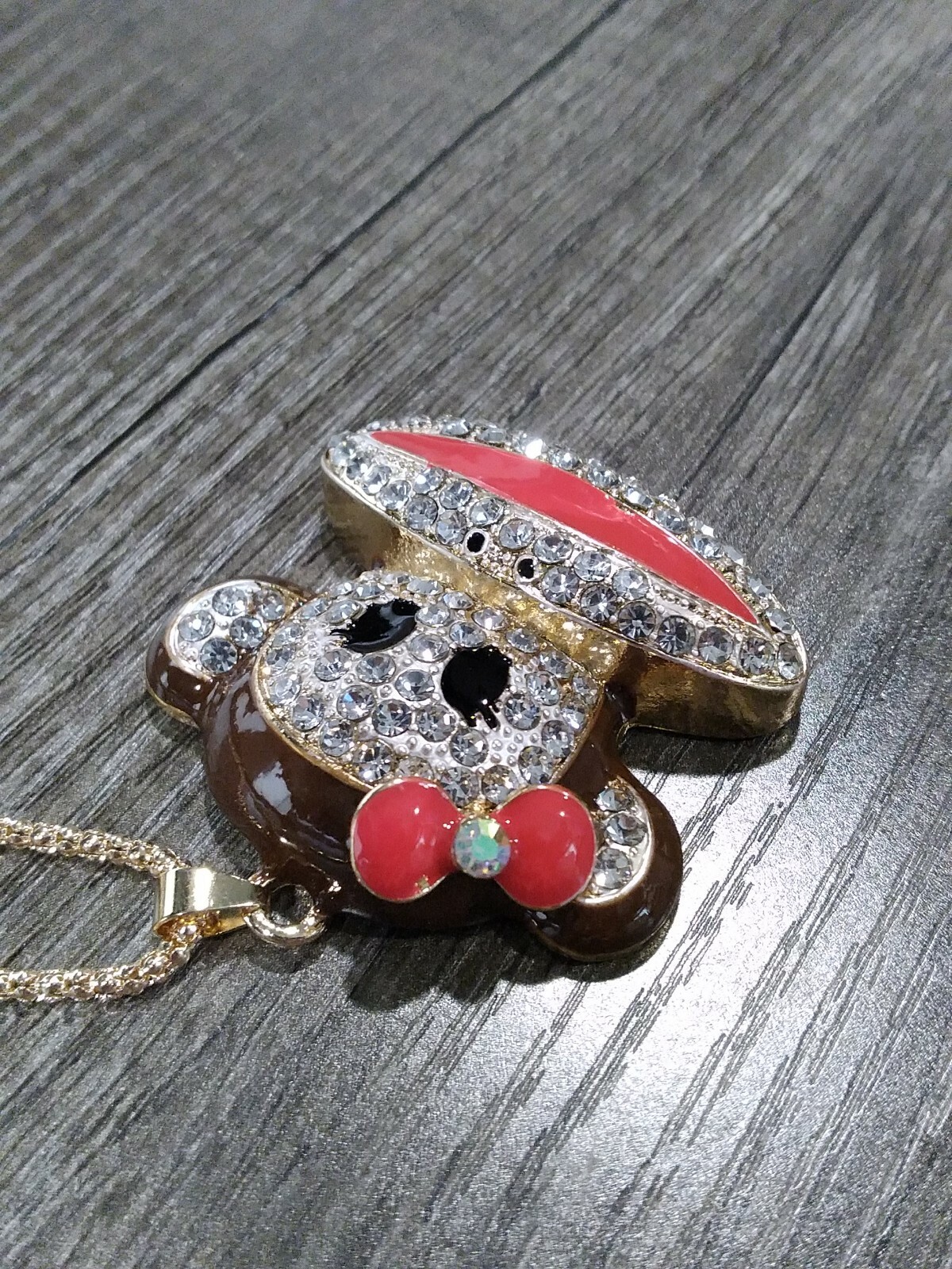 Eclectic Whimsical BROWN CARTOON MONKEY FACE Rhinestone Pendant Necklace